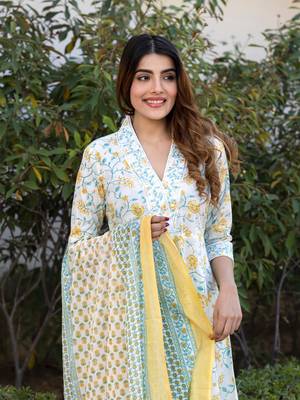 women yellow and white floral print anarkali kurta set with trouser and dupatta 4