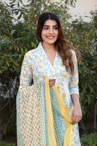 women yellow and white floral print anarkali kurta set with trouser and dupatta