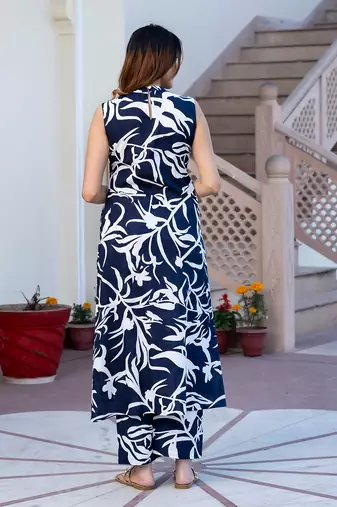 women blue and white kurta with palazzo set