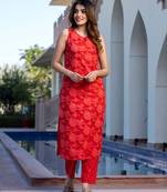 women's red pure cotton floral printed kurta set