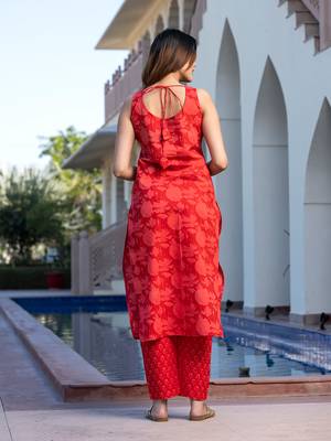 women's red pure cotton floral printed kurta set 2