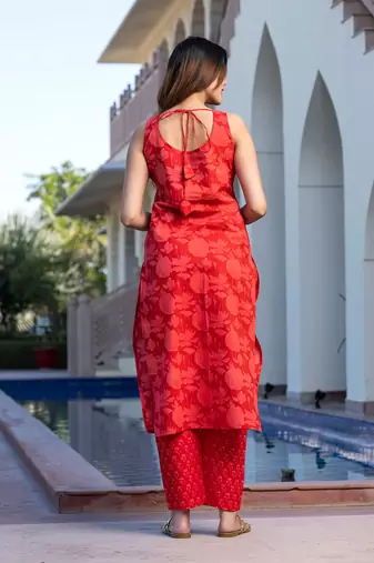 women's red pure cotton floral printed kurta set
