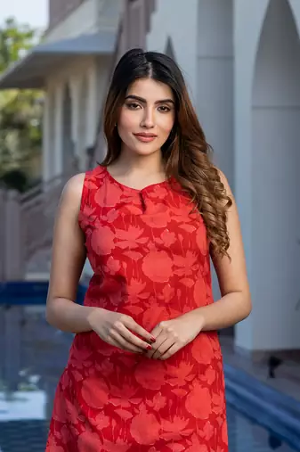 women's red pure cotton floral printed kurta set
