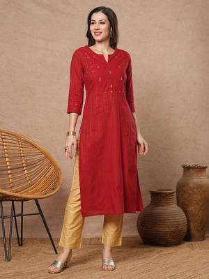 Straight fit cotton kurta in woven zari fabric with hand embroidery detailing. 1