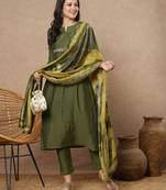 Embroidered a line kurta in silk blend fabric paired with printed silk blend dupatta and pants.