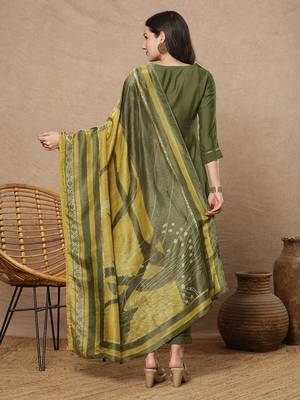 Embroidered a line kurta in silk blend fabric paired with printed silk blend dupatta and pants. 2