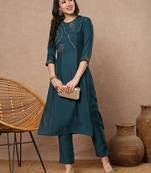 Teal blue straight fit kurta set with geometric multicolour embroidery in abstract formation yoke and cuff.