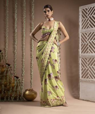 ready to wear elephant print green purple pre-drape saree (set of 2) 1