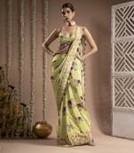 ready to wear elephant print green purple pre-drape saree (set of 2)