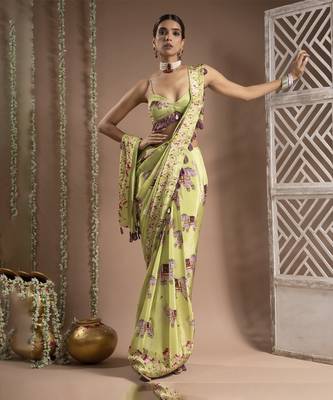 ready to wear elephant print green purple pre-drape saree (set of 2) 2
