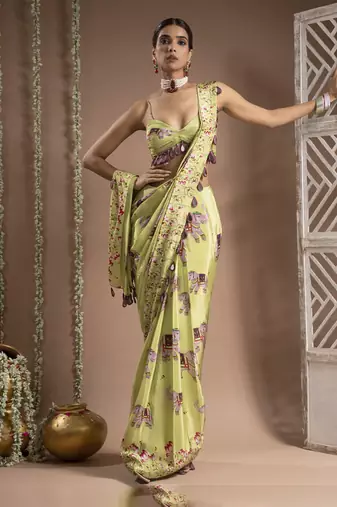 ready to wear elephant print green purple pre-drape saree (set of 2)