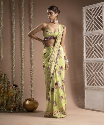 ready to wear elephant print green purple pre-drape saree (set of 2) 3
