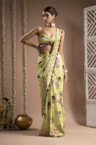 ready to wear elephant print green purple pre-drape saree (set of 2)