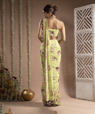 ready to wear elephant print green purple pre-drape saree (set of 2) 4