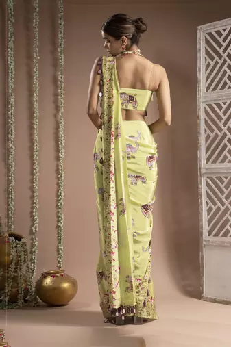 ready to wear elephant print green purple pre-drape saree (set of 2)