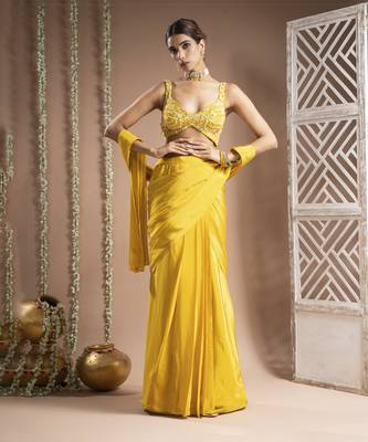 ready to wear canary yellow pre-drape saree set (set of 2) 1