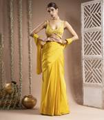 ready to wear canary yellow pre-drape saree set (set of 2)