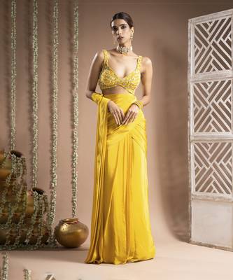 ready to wear canary yellow pre-drape saree set (set of 2) 2