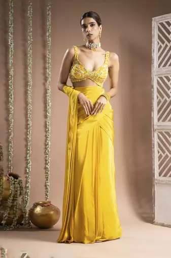 ready to wear canary yellow pre-drape saree set (set of 2)