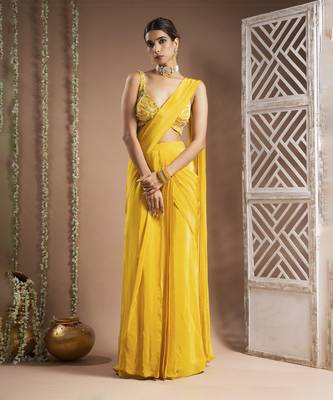 ready to wear canary yellow pre-drape saree set (set of 2) 3