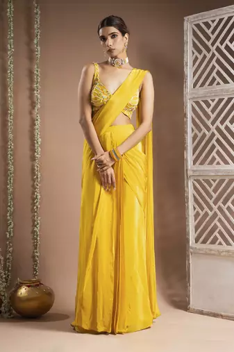 ready to wear canary yellow pre-drape saree set (set of 2)