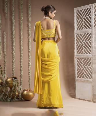 ready to wear canary yellow pre-drape saree set (set of 2) 4