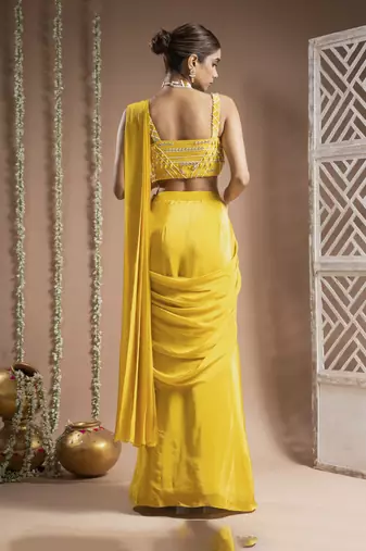 ready to wear canary yellow pre-drape saree set (set of 2)