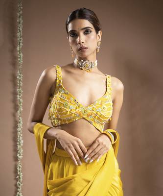 ready to wear canary yellow pre-drape saree set (set of 2) 5