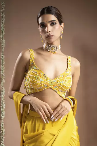 ready to wear canary yellow pre-drape saree set (set of 2)
