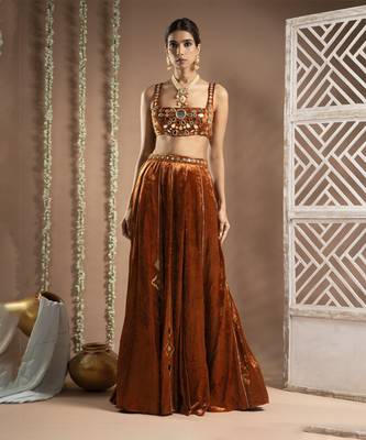 Rust Orange Velvet Indo Lehenga Set 1