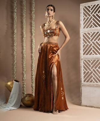 Rust Orange Velvet Indo Lehenga Set 2