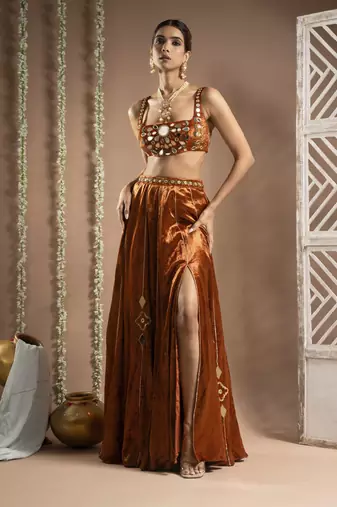Rust Orange Velvet Indo Lehenga Set