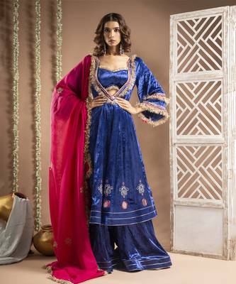 Royal blue velvet anarkali suit set (set of 4) 2