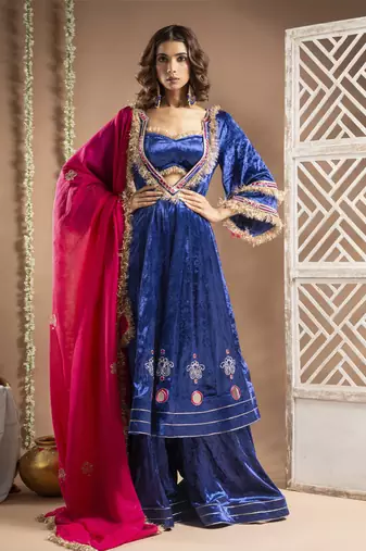 Royal blue velvet anarkali suit set (set of 4)