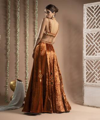 Rust Orange Velvet Indo Lehenga Set 3