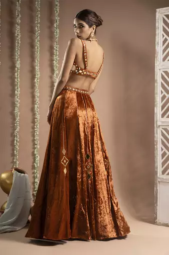 Rust Orange Velvet Indo Lehenga Set