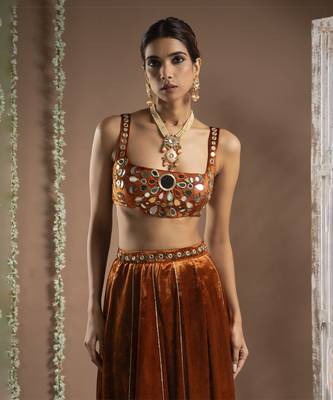 Rust Orange Velvet Indo Lehenga Set 4