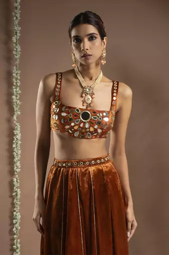 Rust Orange Velvet Indo Lehenga Set