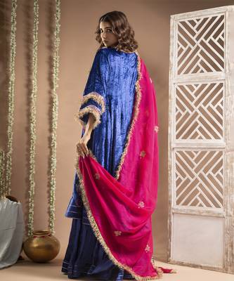 Royal blue velvet anarkali suit set (set of 4) 3