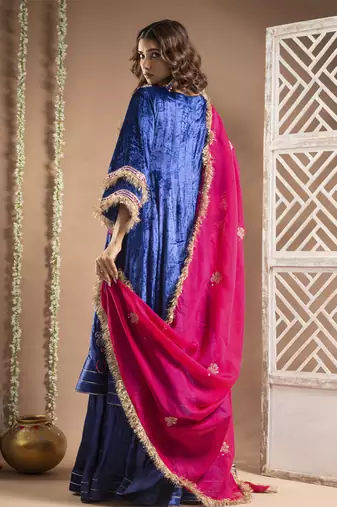 Royal blue velvet anarkali suit set (set of 4)