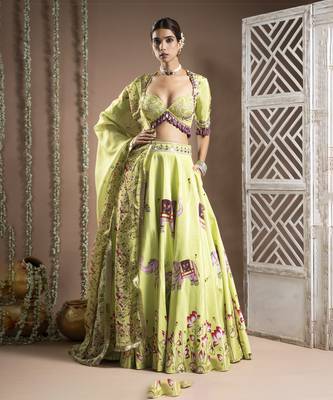 Elephant Print Green And Purple Heavy Lehenga Set (Set Of 3) 1
