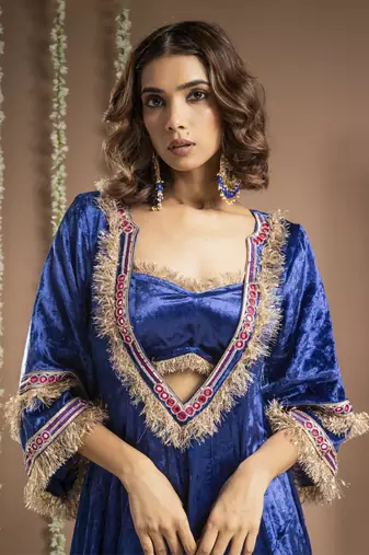 Royal blue velvet anarkali suit set (set of 4)