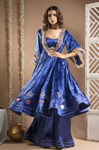 Royal blue velvet anarkali suit set (set of 4)