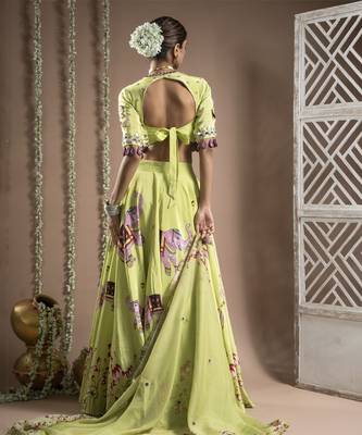 Elephant Print Green And Purple Heavy Lehenga Set (Set Of 3) 2