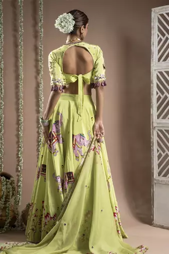 Elephant Print Green And Purple Heavy Lehenga Set (Set Of 3)