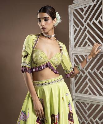 Elephant Print Green And Purple Heavy Lehenga Set (Set Of 3) 3