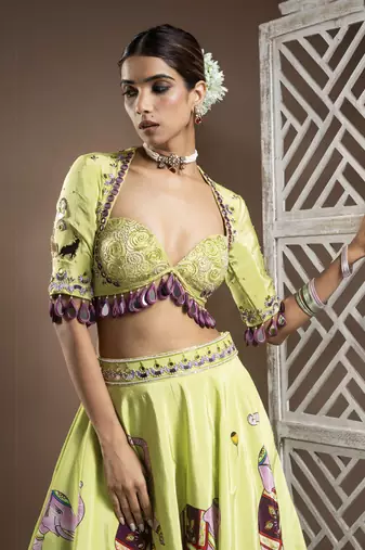 Elephant Print Green And Purple Heavy Lehenga Set (Set Of 3)