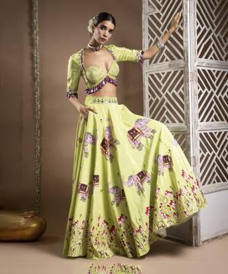 Elephant Print Green And Purple Heavy Lehenga Set (Set Of 3) 4