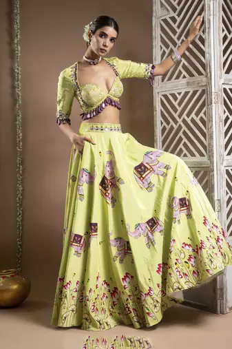 Elephant Print Green And Purple Heavy Lehenga Set (Set Of 3)