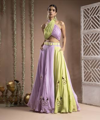 Green Lilac Indo Lehenga With Belt (Set Of 2) 1